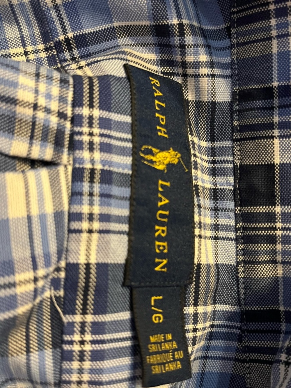 Upcycled Ralph Lauren Navy and Light Blue Plaid Shirt with ruffle collar - Picture 7 of 7